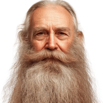 Elderly man with long white beard smiling, isolated against a plain background png