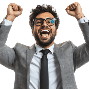 Joyful celebration of success in a professional setting by a businessman in a gray suit png