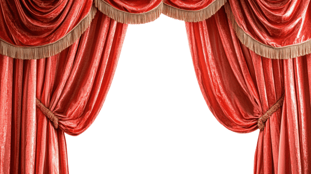 Red velvet curtains with elegant draping ready for a theatrical performance on a neutral background png