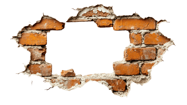 Broken brick wall with cracked edges revealing empty space behind bricks png