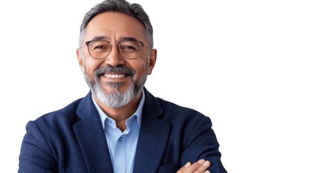 Smiling adult man with glasses wearing a blue jacket and shirt in a bright, isolated background png