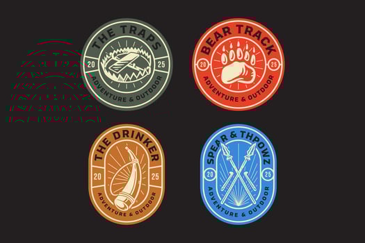 cruel animal trap, cogged trap, bear footprint, grizzly track, leather canteen, spear, thrower retro badge logo design collection set for adventure, outdoor, explorer, survival and hunting vector