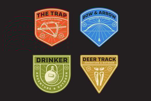 rustic animal trap, arrow, wooden bow, leather canteen, water storage, deer track footprint retro badge logo design collection set for adventure, outdoor, explorer, survival and hunting vector