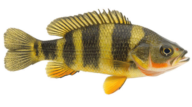 Colorful freshwater fish showcasing vibrant stripes and fins in a clear background png