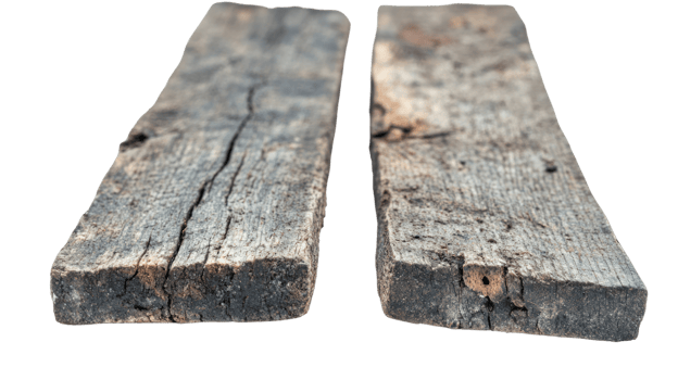 Two weathered wooden planks isolated on a white background showcasing texture and natural imperfections png