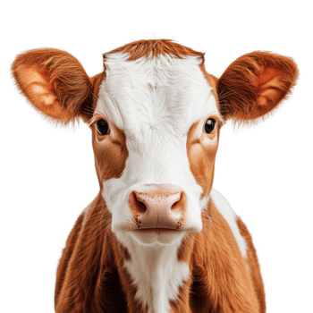 Cute calf with brown and white markings looking directly at the viewer in an isolated setting png