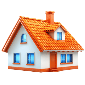 Cute isolated house with orange roof and blue windows in bright manner png