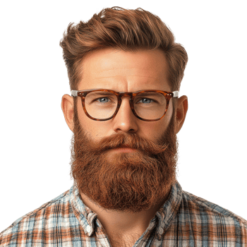 Handsome man with a beard and glasses poses confidently in a plaid shirt against a plain background png