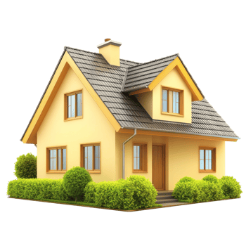 Charming yellow house with a covered porch and lush green landscaping png