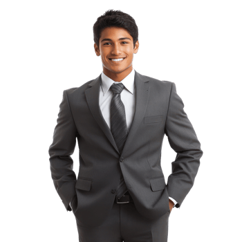 Young professional man in grey suit with confident smile standing against white background png