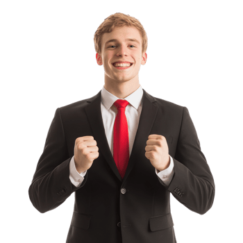 Young man in a suit celebrating with fists raised in a joyful gesture against a white background png