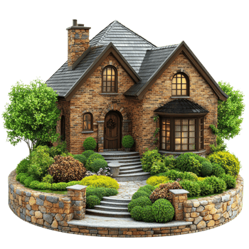 Charming brick house surrounded by lush gardens and manicured lawns in a cozy neighborhood setting png
