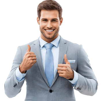 Confident young man in a light gray suit showing thumbs up with a smile against isolated background png
