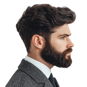 Stylish portrait of a man with well groomed beard and wavy hair in formal attire png