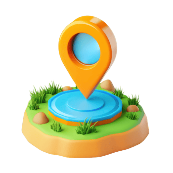 Isolated 3D location pin on a colorful terrain with grass and stones, perfect for map design png