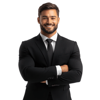 Confident man in a suit smiling with arms crossed against a white background png