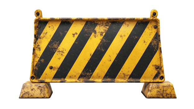 Construction barrier with yellow and black stripes placed in urban area for safety during roadwork operations png
