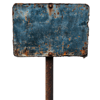 Old weathered blue sign on rusty pole with a worn surface and no visible text png