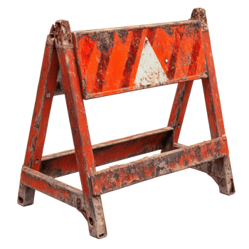 Traffic safety barrier used in construction zone with weathered appearance and bright color png