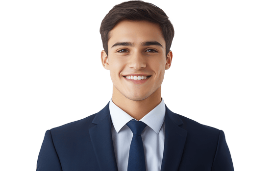 Young man in dark suit smiling confidently with a white background showcasing professionalism and charm png