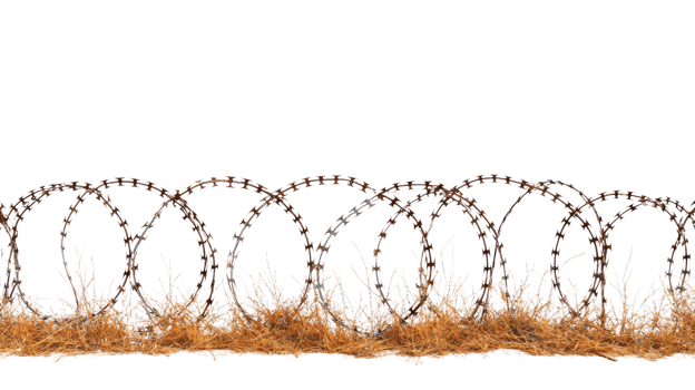 Barbed wire fence surrounded by dry grass on a white background png