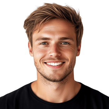 Smiling young man with short hair and strong jawline looking directly at the camera in a casual black shirt png