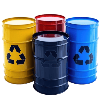 Colorful recycling barrels for waste management in an industrial environment png