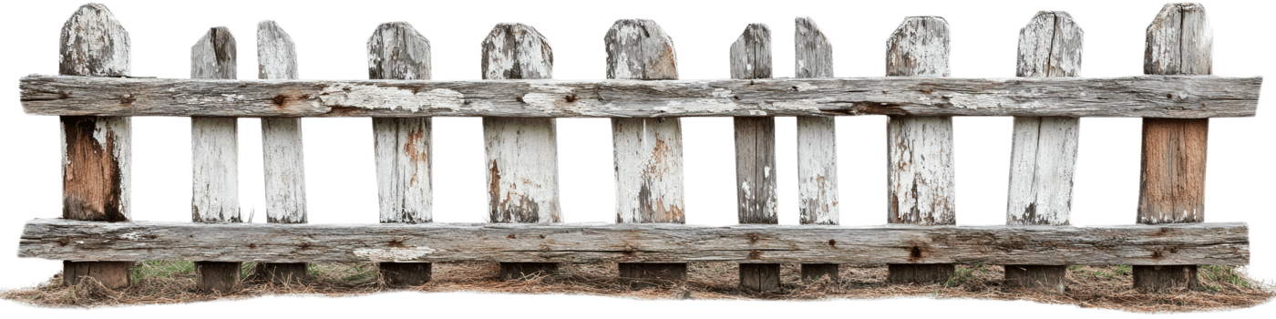 Rustic wooden fence isolated on white background with natural weathered appearance png