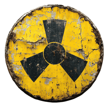 Weathered nuclear hazard sign with a bright yellow background showing signs of age and wear png