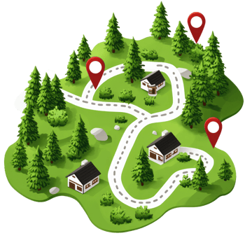 Illustration of a winding road with houses and trees in a green landscape with location markers png