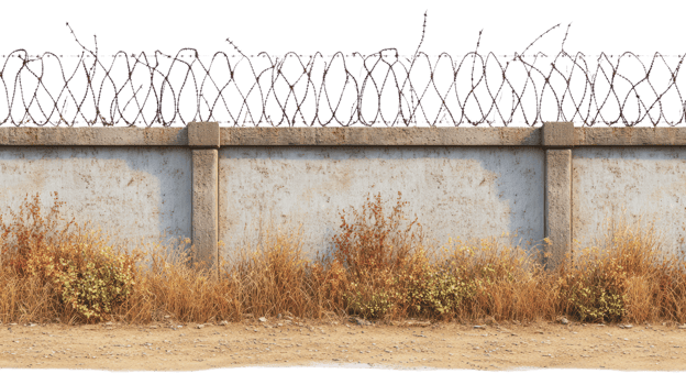 Concrete wall topped with barbed wire surrounded by dry grass in an isolated area png