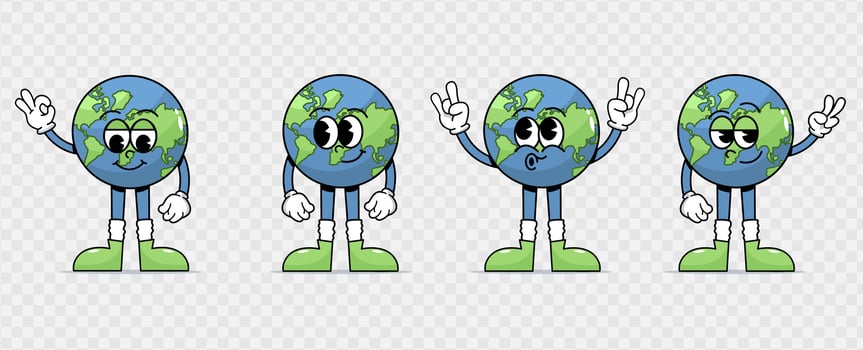 Retro Earth Cartoon Characters. Cute symbols, mascot with faces, different poses of hands and feet. Playful cheeky happy planet earth in trendy retro comic style. Earth Day.International Mother Earth vector