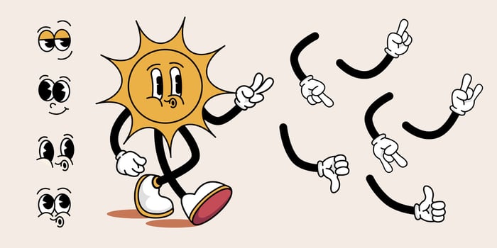 Funny retro cartoon hippie character sun in a trendy groovy style. Sun with a set of different emotions and different hand gestures. Set in the style of the 60-70s. World Sun Day vector