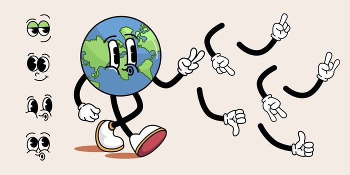 Funny retro cartoon hippie character Earth in a trendy, groovy style. Earth with a set of different emotions and different hand gestures. Set in the style of the 60s and 70s. Earth Day. World Environm vector