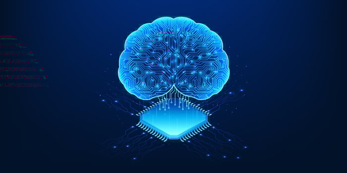 Microchip with an AI brain represents Agentic AI technology that has the ability to think, analyze and make decisions independently, similar to the human brain, but in a digital form. vector