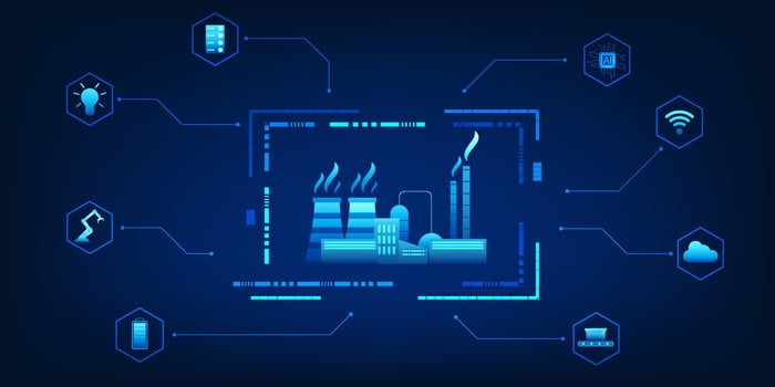 Industrial factories connected with various innovation icons represent the development of factories into smart forms that integrate modern technology to increase efficiency and respond market demands vector