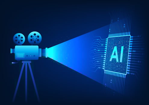 Movie camera recording an AI chip, representing the use of automated creation technology, represents , which can process, create, and produce content intelligently and quickly vector