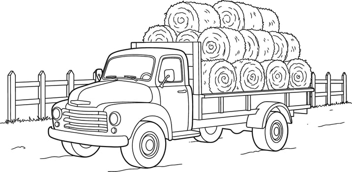 Rural 1950s Farm Truck Loaded with Hay Bales Line Art for Kids Coloring vector