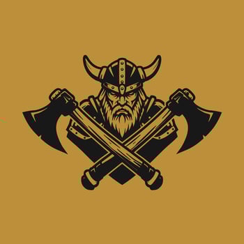 Viking warrior with axes logo design on a gold background vector