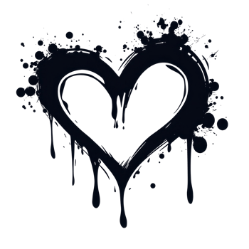 Bold black heart design with splashes and drips on a white background png