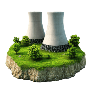 Cooling towers surrounded by greenery on an isolated landmass during daylight png