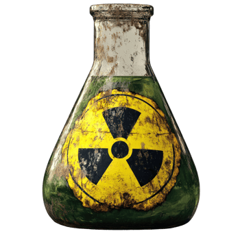 Old green flask with yellow radiation symbol showing signs of wear and neglect png