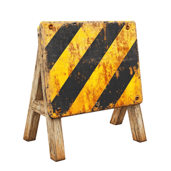 Weathered caution sign with yellow and black stripes on wooden frame in a construction area png
