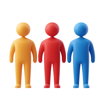 Colorful plastic figurines in yellow, red, and blue standing together on a white background png