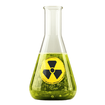 Bright green liquid in glass flask with radiation symbol on display, highlighting hazardous science png