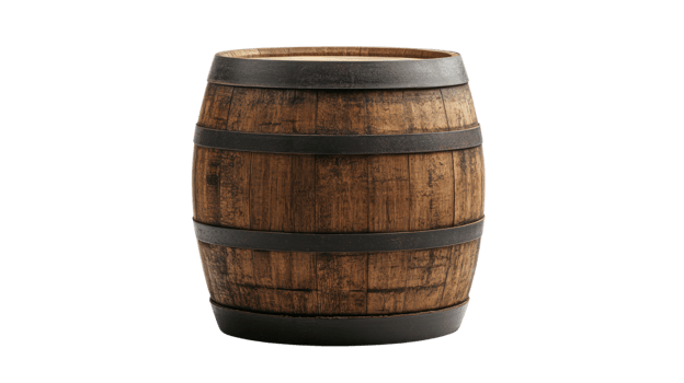 Rustic wooden barrel with metal bands suitable for decoration or storage in any setting png