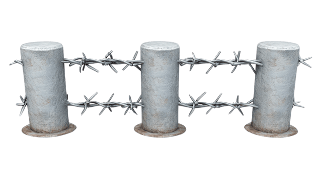 Barbed wire fence posts isolated on a white background showcasing security and protection features png