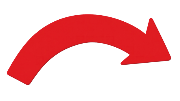 Curved red arrow pointing to the right, suitable for signage or directional guidance png