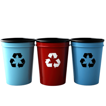 Colorful recycling bins arranged in a row with clear recycling symbols representing environmental efforts png