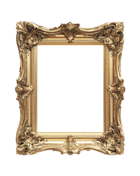 Decorative golden picture frame with intricate design and empty center for artwork display png